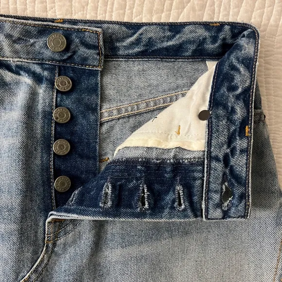 GRLFRND Eva A-Line Denim Mini Skirt NEW sz 25 Button Fly Pockets Distressed Blue