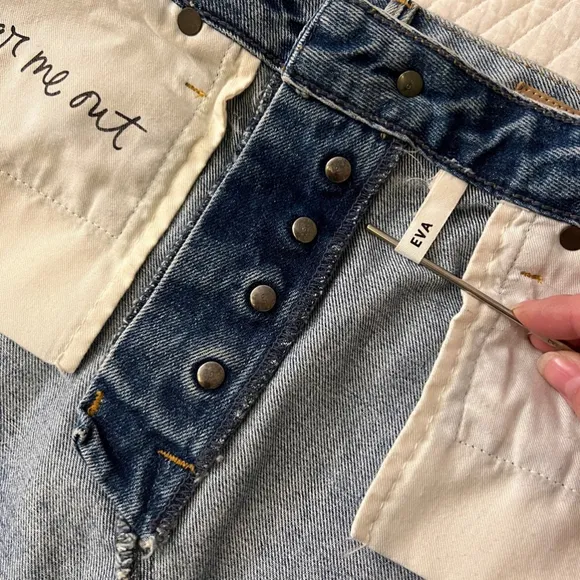 GRLFRND Eva A-Line Denim Mini Skirt NEW sz 25 Button Fly Pockets Distressed Blue