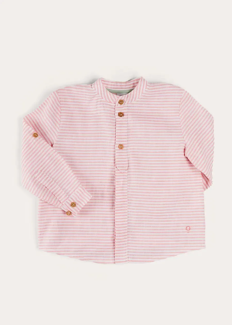 Hertford Striped Mao Collar Long Sleeve Shirt in Coral (12mths-10yrs)