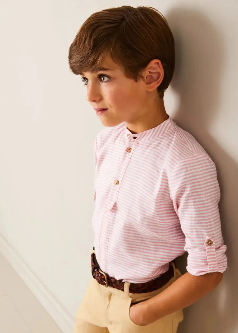 Hertford Striped Mao Collar Long Sleeve Shirt in Coral (12mths-10yrs)
