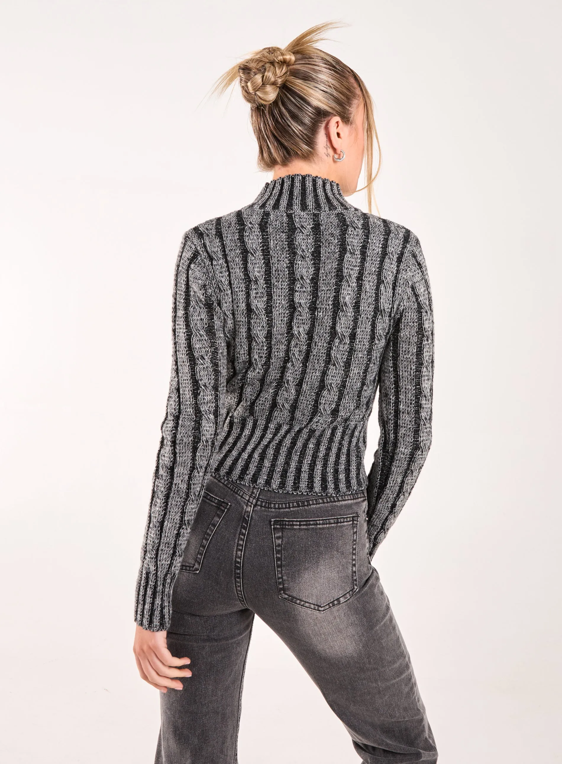 High Neck Zip Up Cable Knit