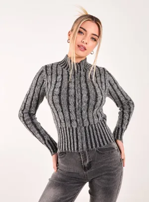 High Neck Zip Up Cable Knit