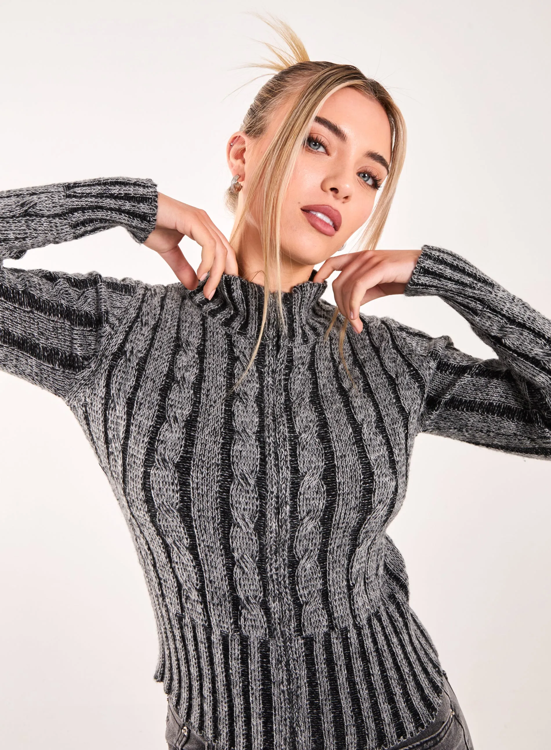 High Neck Zip Up Cable Knit