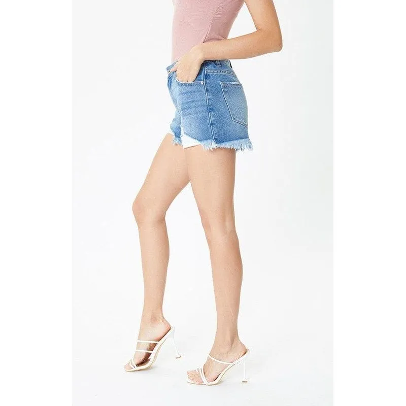 High rise medium wash frayed hem shorts- kc7259mn