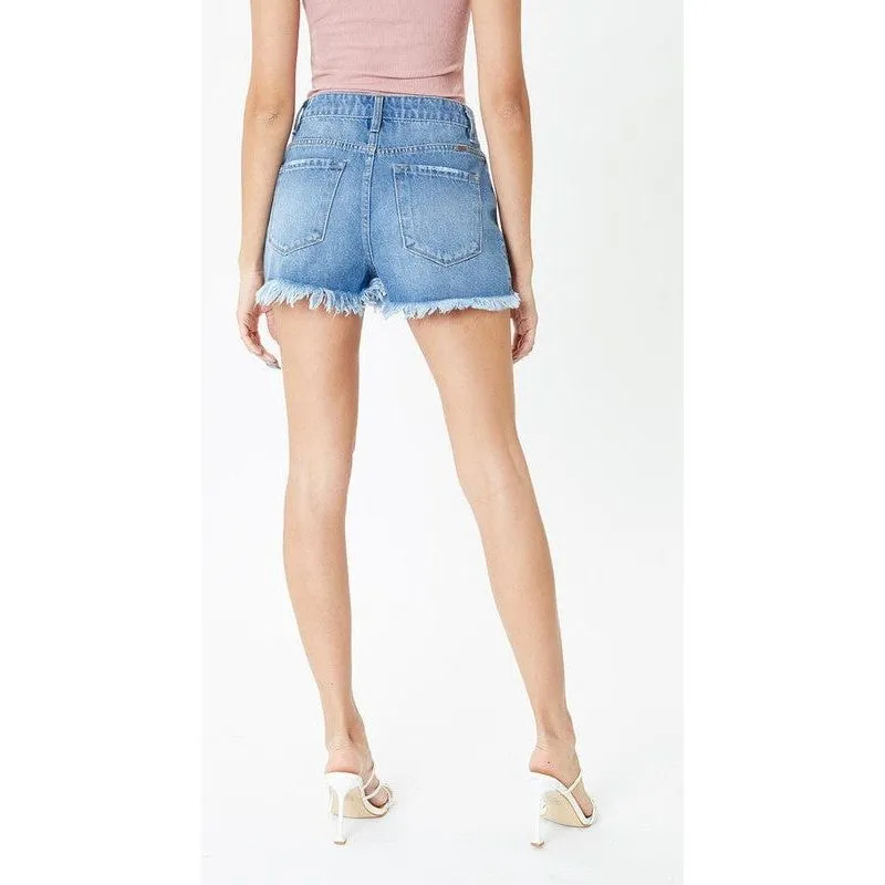 High rise medium wash frayed hem shorts- kc7259mn