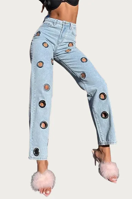 HIGH-RISE STRAIGHT LEG GROMMET JEANS