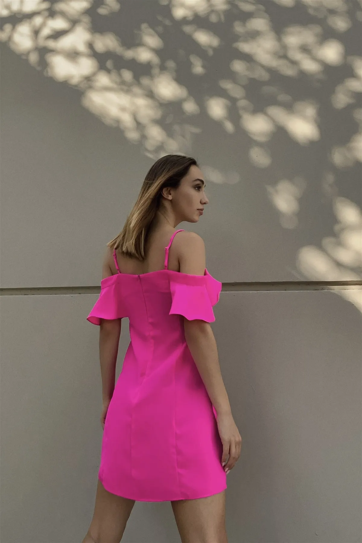 Hot Pink Cold Shoulder Ruffle Mini Shift Dress