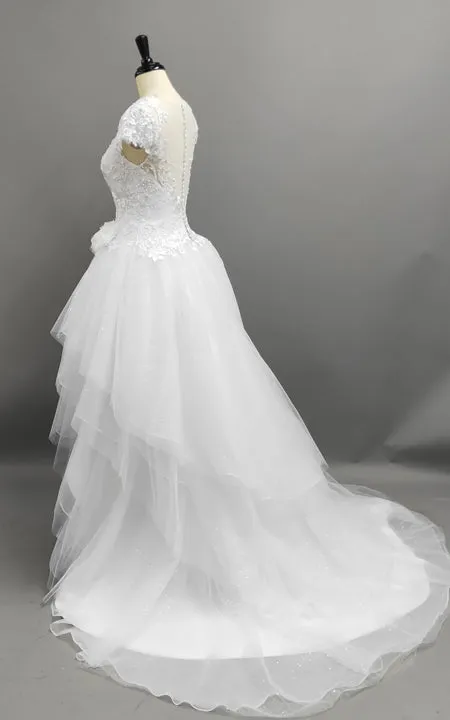 Illusion Jewel-Neck High-Low Bridal Gown With Ruffles And T-Shirt Sleeves-MK_704944