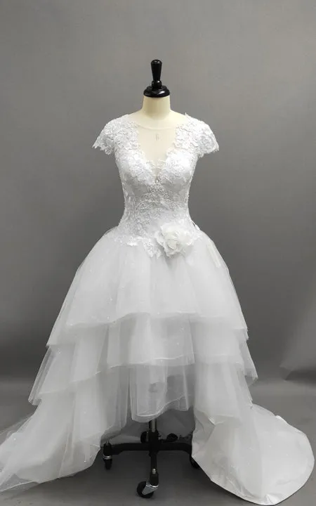 Illusion Jewel-Neck High-Low Bridal Gown With Ruffles And T-Shirt Sleeves-MK_704944