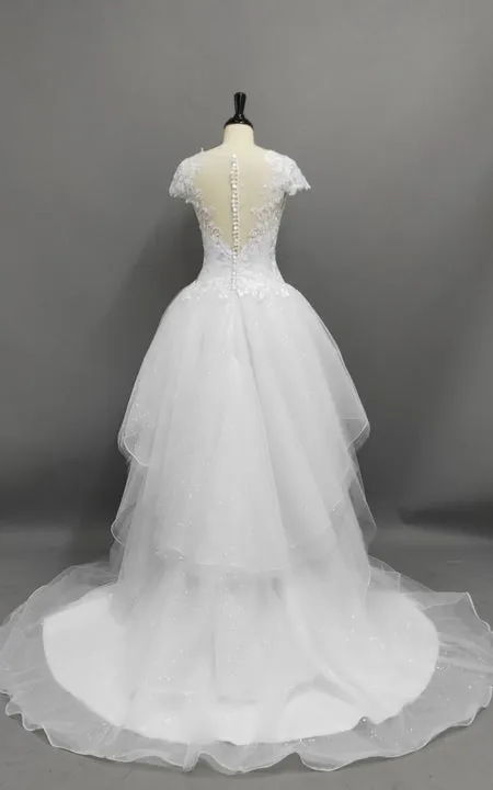 Illusion Jewel-Neck High-Low Bridal Gown With Ruffles And T-Shirt Sleeves-MK_704944