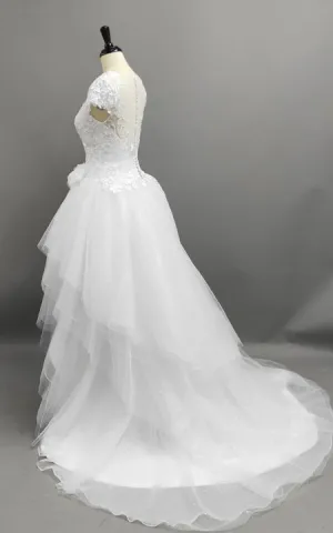 Illusion Jewel-Neck High-Low Bridal Gown With Ruffles And T-Shirt Sleeves-MK_704944
