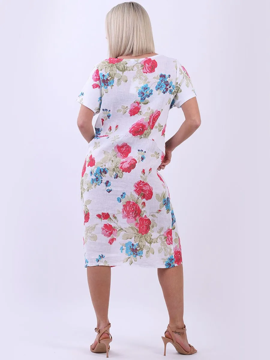 Italian Classic Shift Rose White Linen Dress Sz 10-16