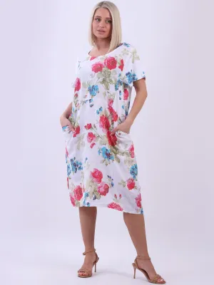 Italian Classic Shift Rose White Linen Dress Sz 10-16
