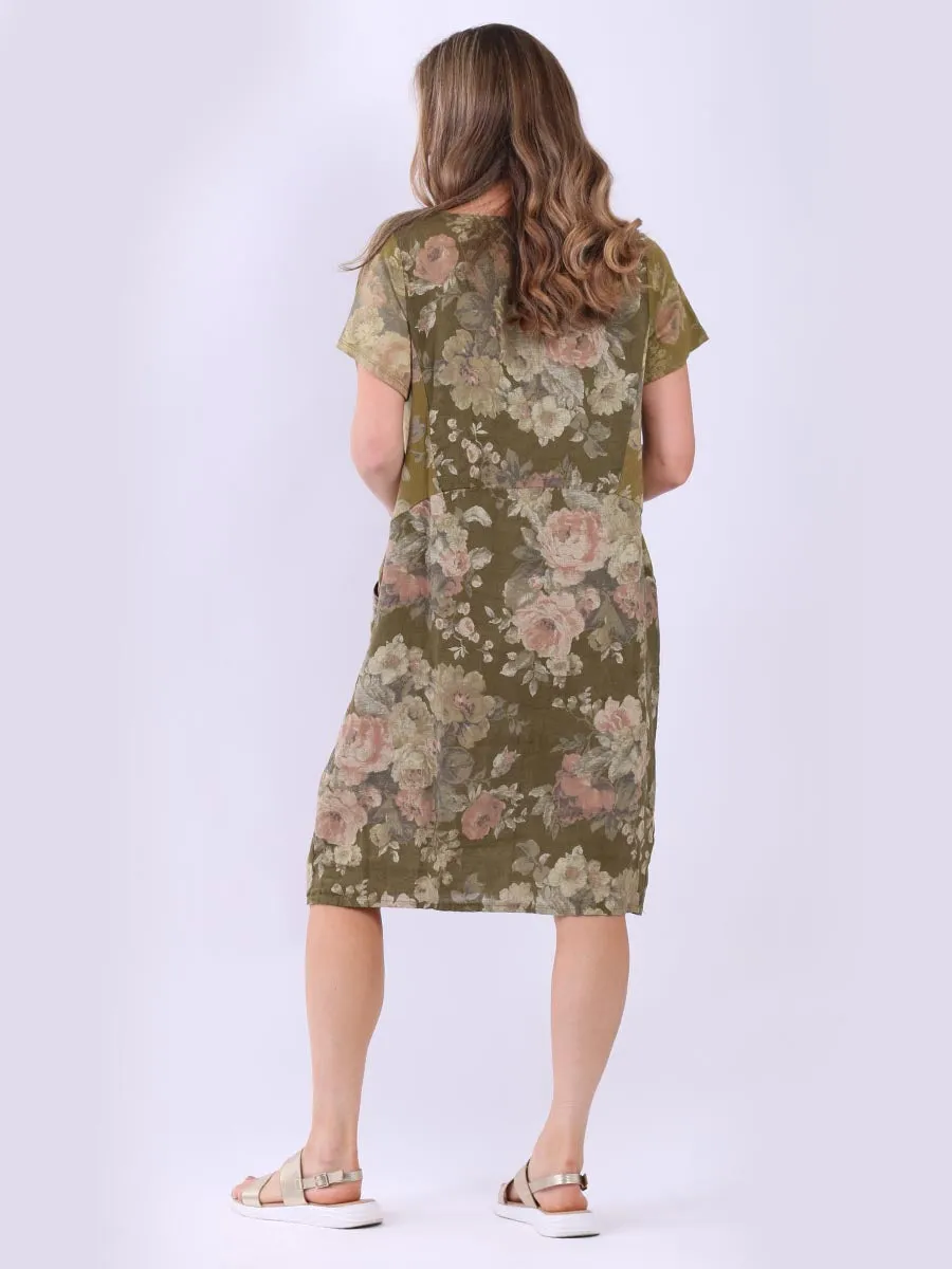 Italian Classic Shift Soft Floral Olive Linen Dress Sz 10-16