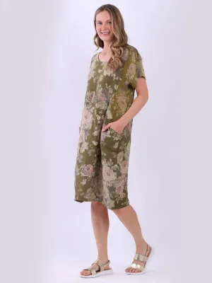 Italian Classic Shift Soft Floral Olive Linen Dress Sz 10-16
