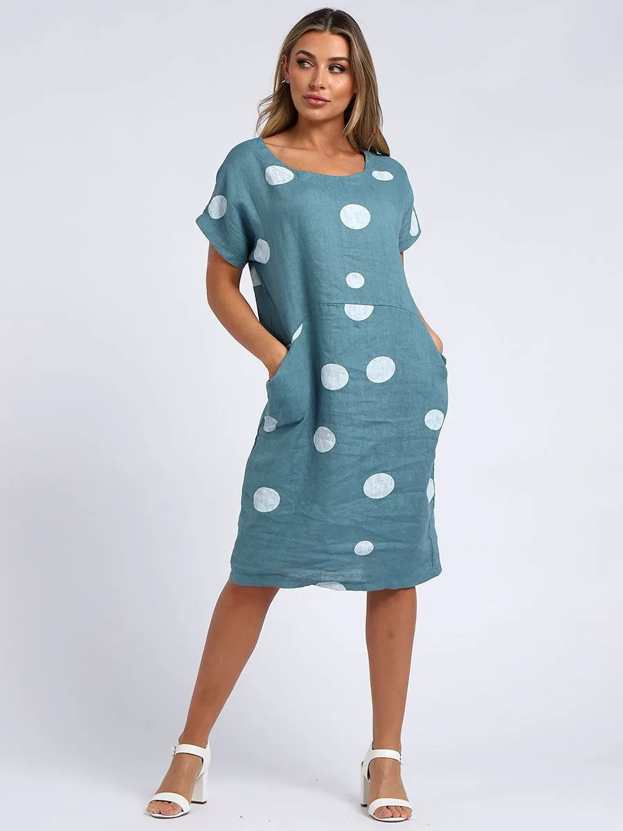 Italian Straight Shift Dotty Ocean Green Linen Dress Sz 10-16