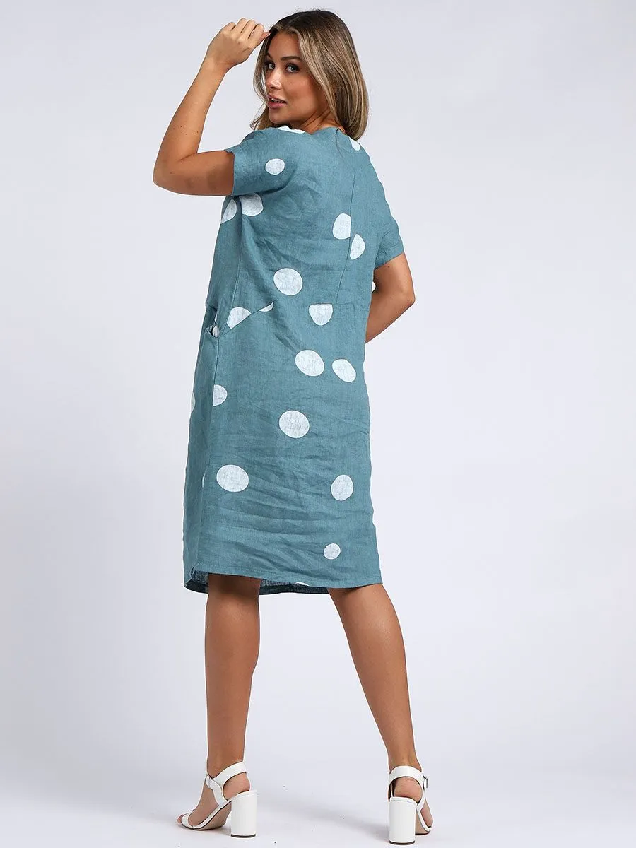 Italian Straight Shift Dotty Ocean Green Linen Dress Sz 10-16