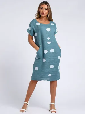 Italian Straight Shift Dotty Ocean Green Linen Dress Sz 10-16