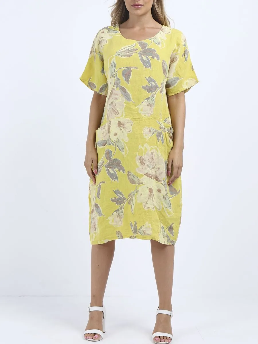 Italian Straight Shift Pastel Floral Soft Mustard Linen Dress Sz 12-18