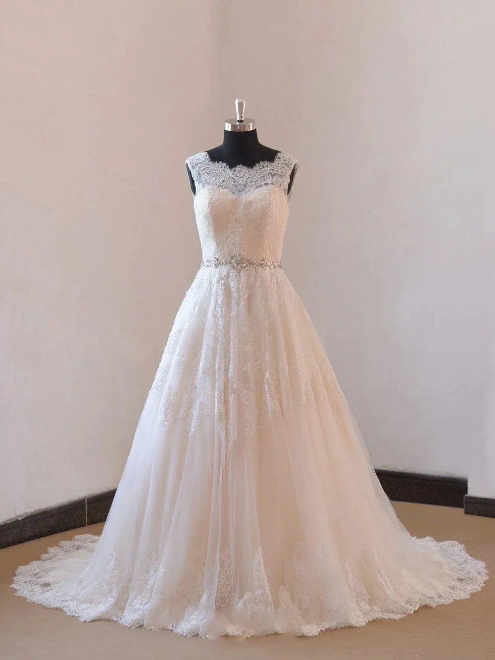 Ivory a Line Champange Blush Lining Lace Wedding Dress With Illusion Neckline
