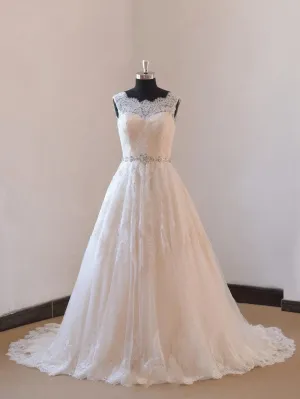Ivory a Line Champange Blush Lining Lace Wedding Dress With Illusion Neckline