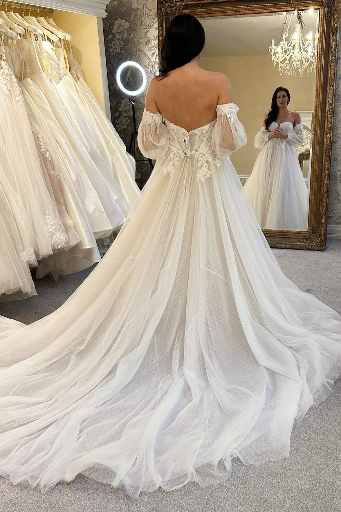 Ivory Tulle A-Line Long Wedding Dress with Train