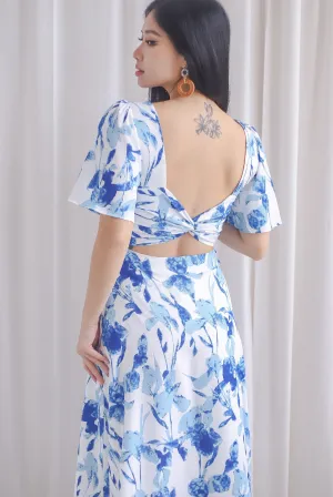 Izzy Leafy Padded Twist Back Midi Dress In Blue