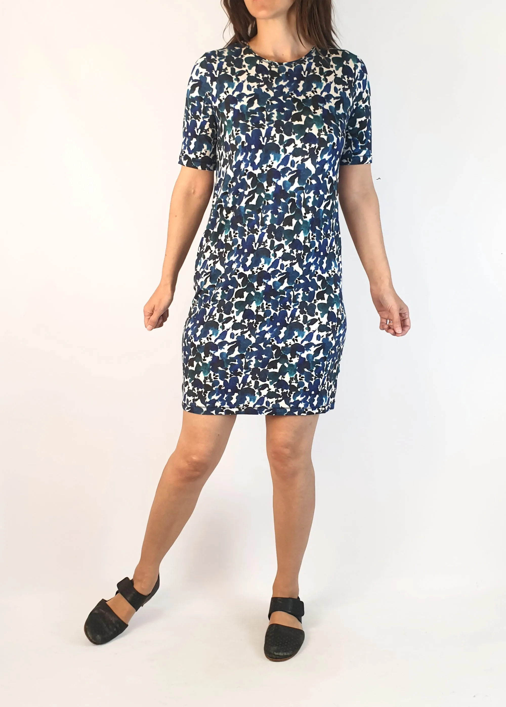 Jigsaw blue print tee shirt dress size S, best fits 8