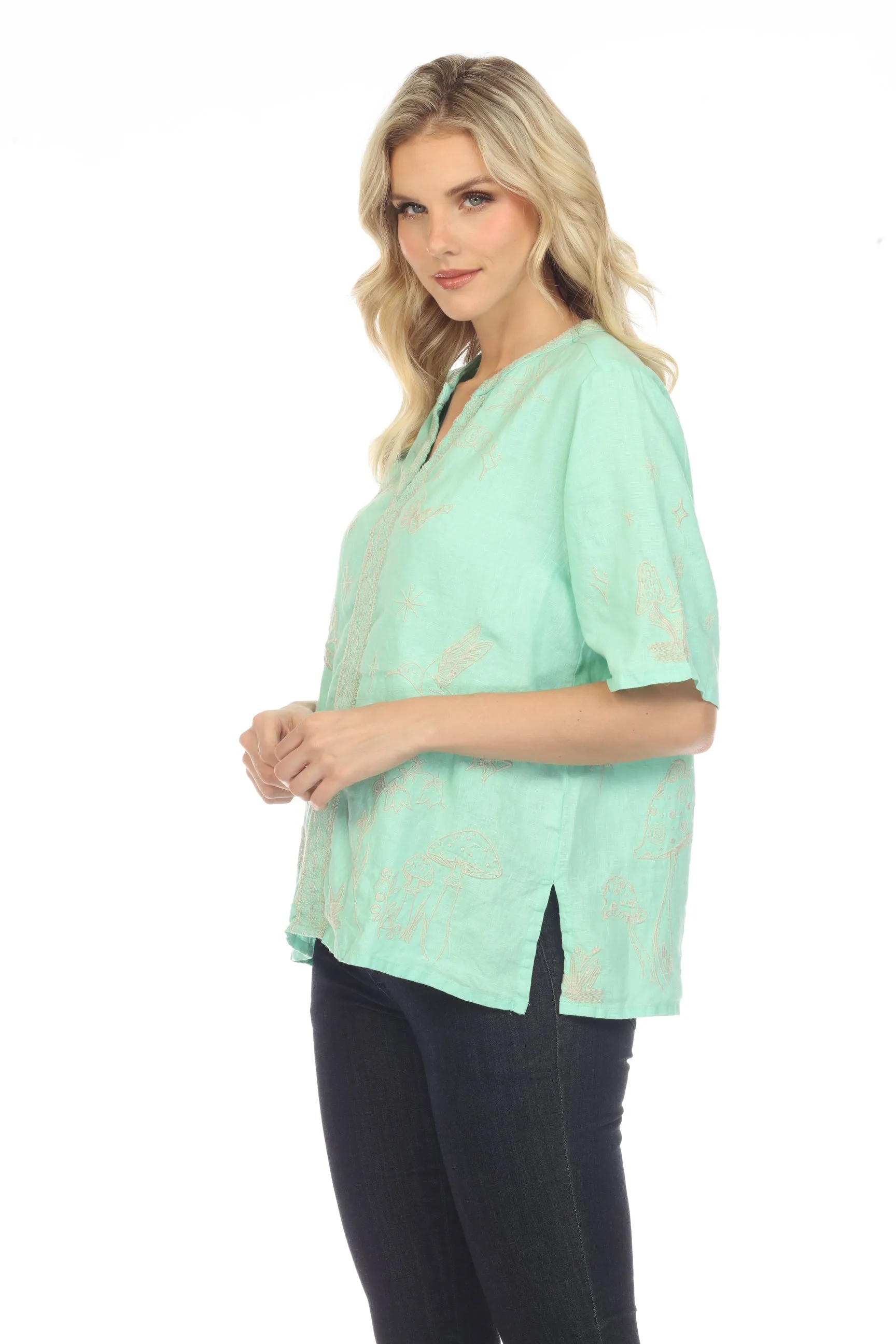 Johnny Was JWLA Noah Easy V-Neck Linen Embroidered Top Boho Chic J11822