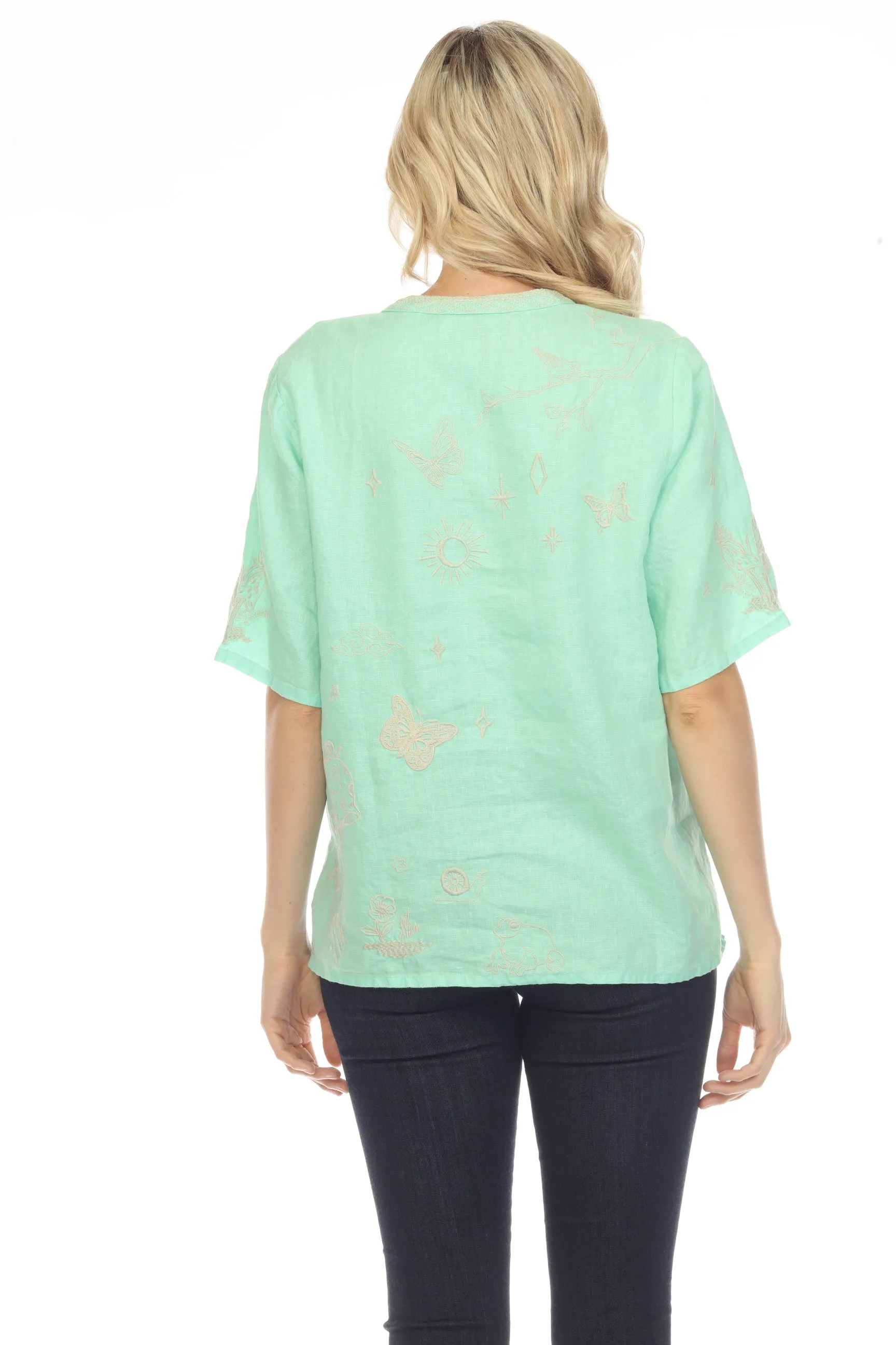 Johnny Was JWLA Noah Easy V-Neck Linen Embroidered Top Boho Chic J11822