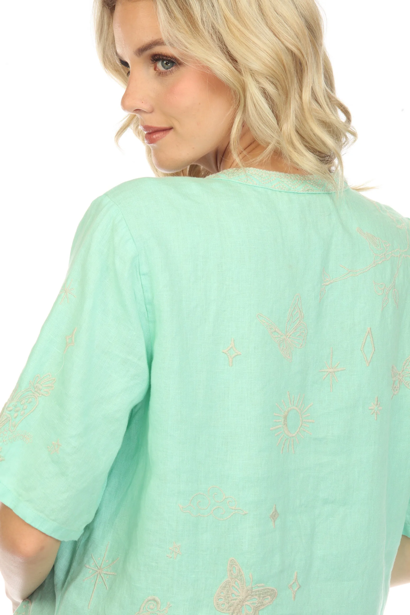 Johnny Was JWLA Noah Easy V-Neck Linen Embroidered Top Boho Chic J11822