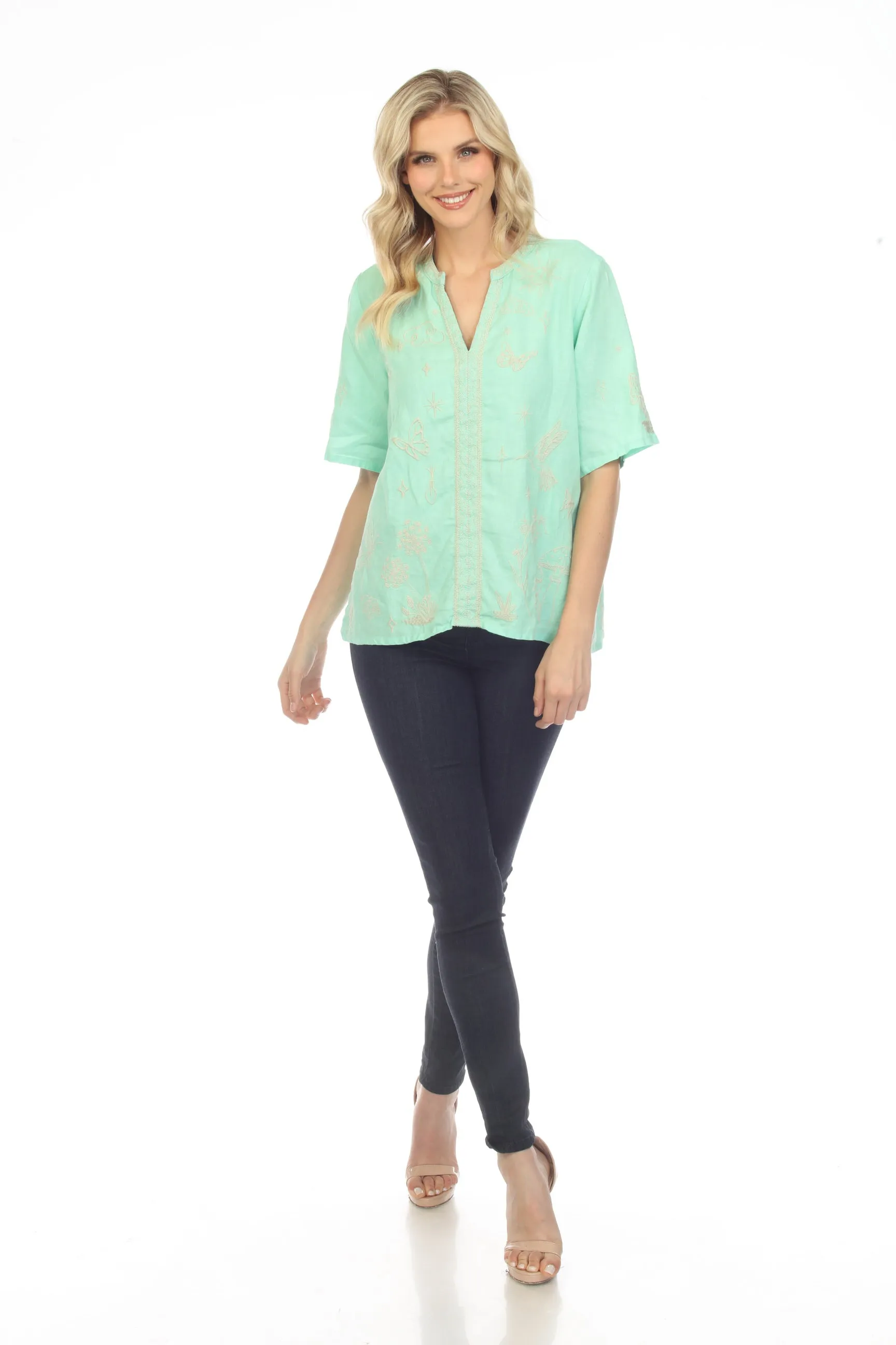Johnny Was JWLA Noah Easy V-Neck Linen Embroidered Top Boho Chic J11822