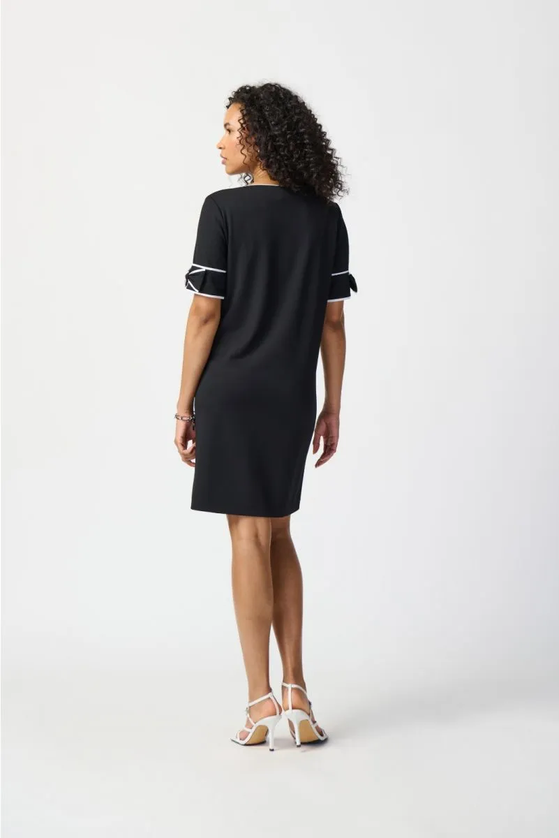Joseph Ribkoff Black/Off-White Contrast Trim Bow Detail Shift Dress 241130