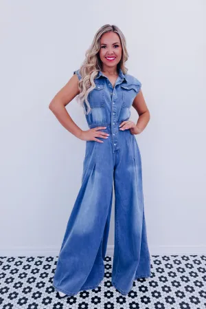 Kala Classic Wide Leg Denim Jumpsuit - Denim