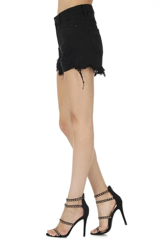KanCan High Rise Destroyed Shorts - Black