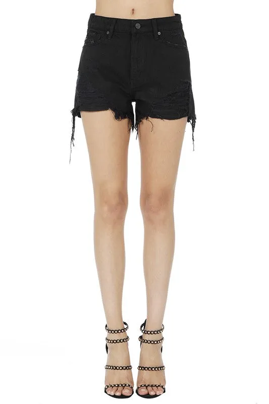 KanCan High Rise Destroyed Shorts - Black