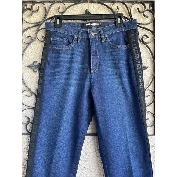 Karl Lagerfield Straight Leg Logo Tapering High  Rise Jeans Size 8 - Blue