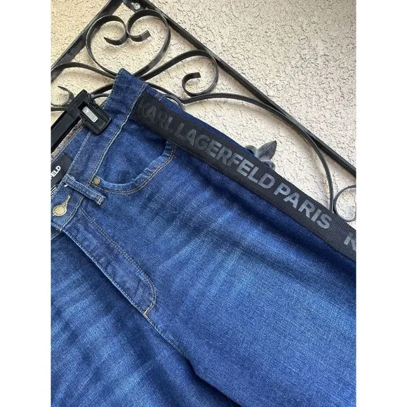 Karl Lagerfield Straight Leg Logo Tapering High  Rise Jeans Size 8 - Blue