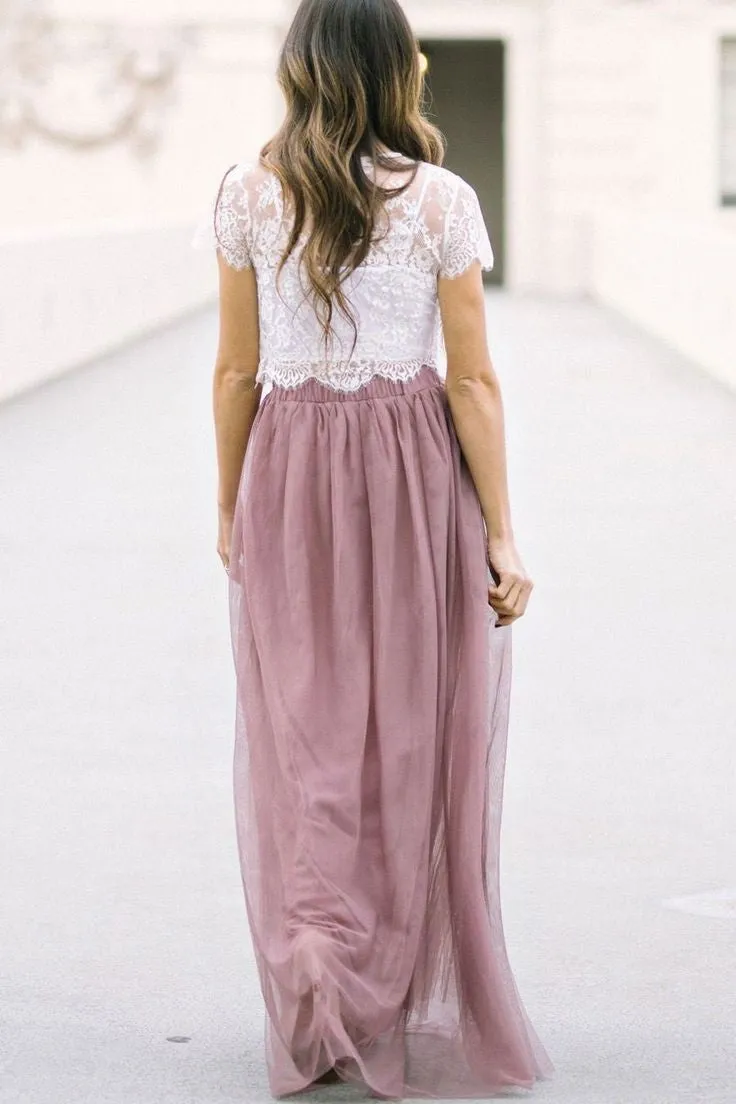 Lace Tulle Short Sleeves Wedding Guest Dress for Bridesmaid