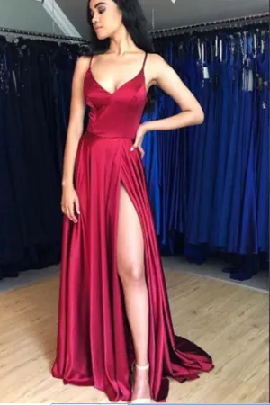 Lace-up Back Burgandy Prom Gown with High Thigh Slit Side