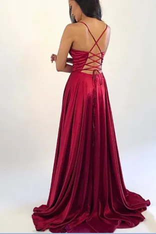 Lace-up Back Burgandy Prom Gown with High Thigh Slit Side