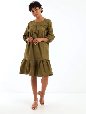 Ladies Drop Hem Poplin Shift Dress - Fatigue
