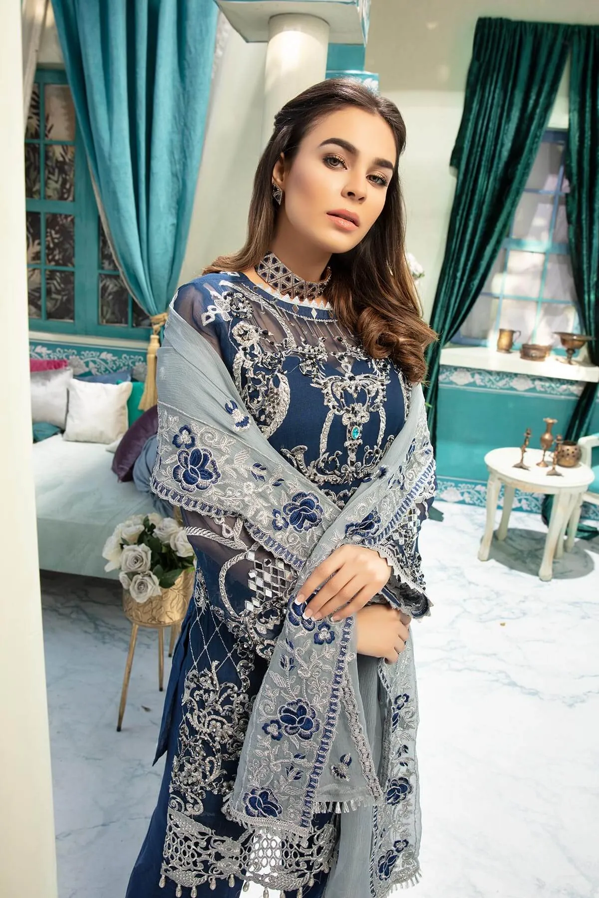 Latest chiffon embroidered Pakistani eid outfit for girls in blue color # P2475