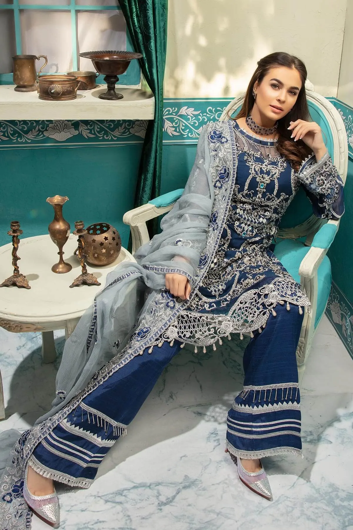 Latest chiffon embroidered Pakistani eid outfit for girls in blue color # P2475