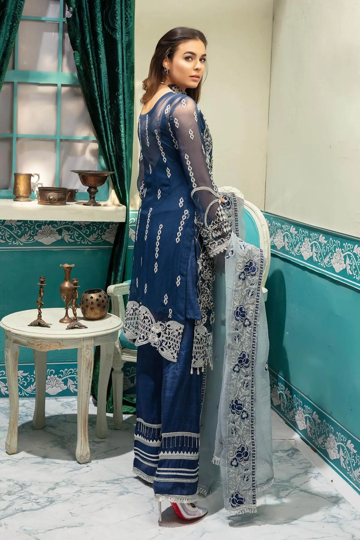 Latest chiffon embroidered Pakistani eid outfit for girls in blue color # P2475