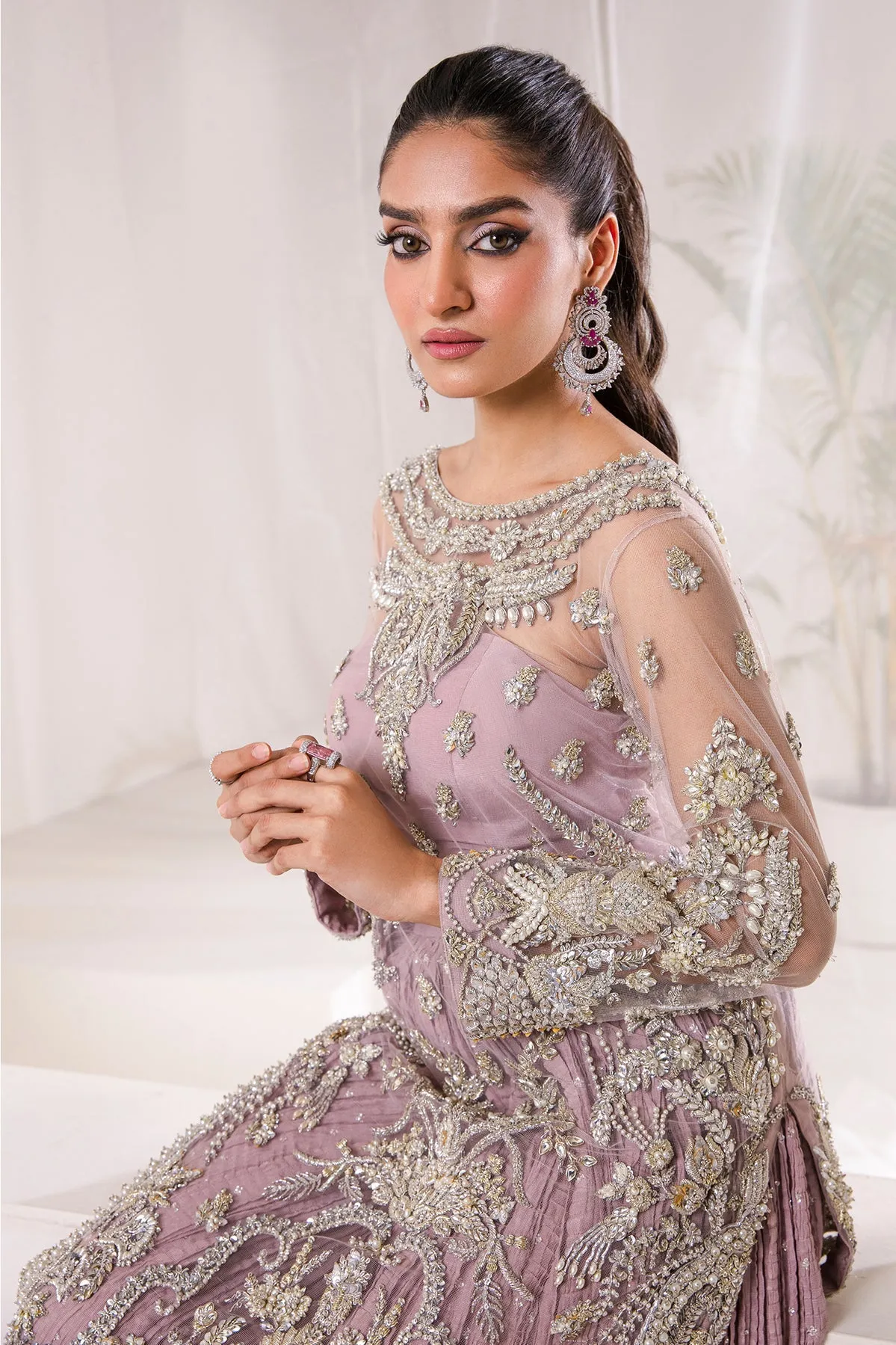 Lavender Kameez Pakistani Wedding Dress in Crushed Sharara Style