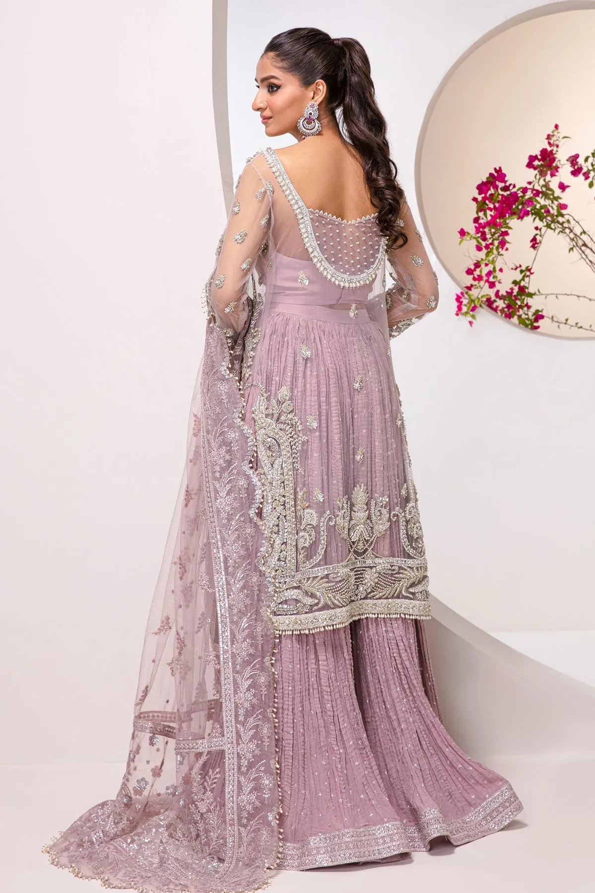 Lavender Kameez Pakistani Wedding Dress in Crushed Sharara Style