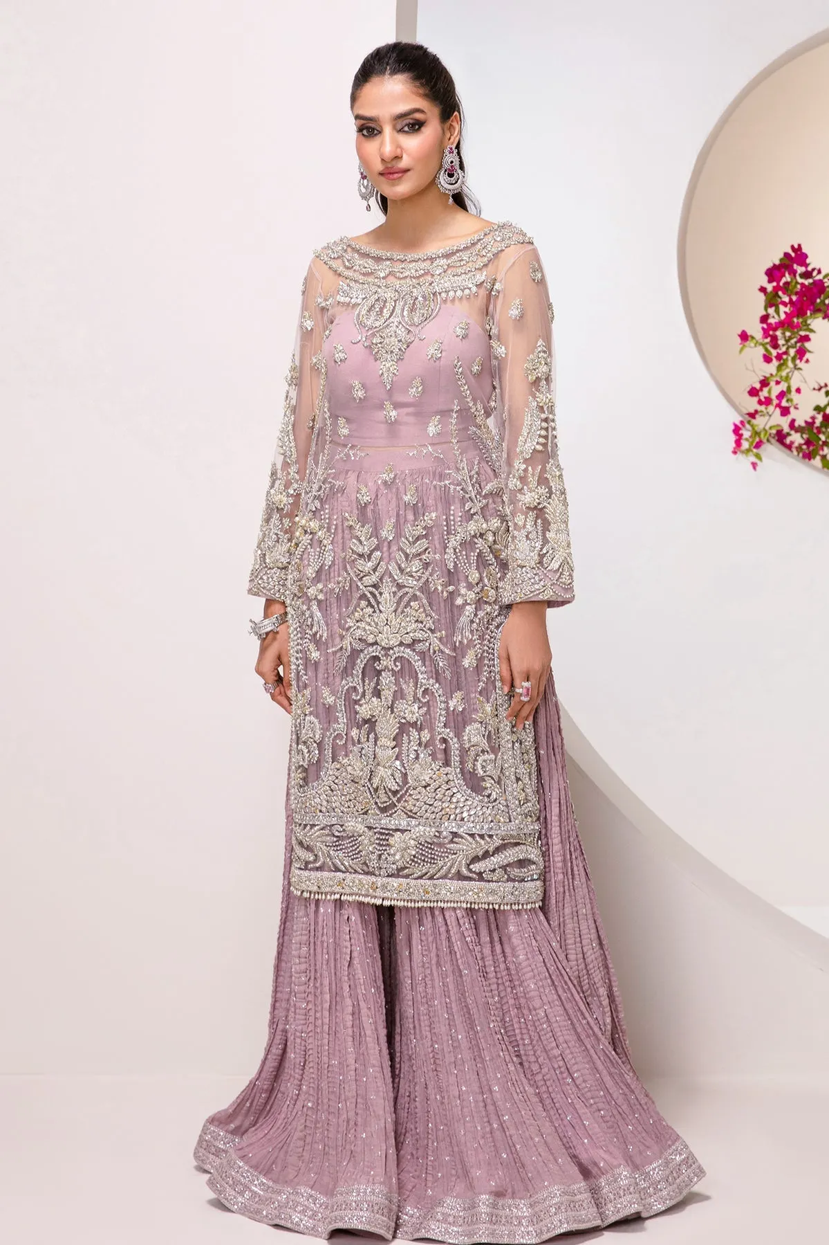 Lavender Kameez Pakistani Wedding Dress in Crushed Sharara Style