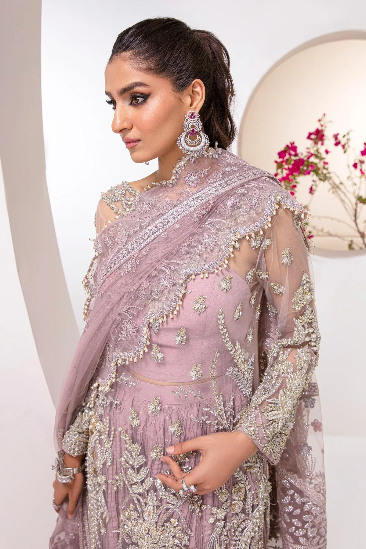 Lavender Kameez Pakistani Wedding Dress in Crushed Sharara Style