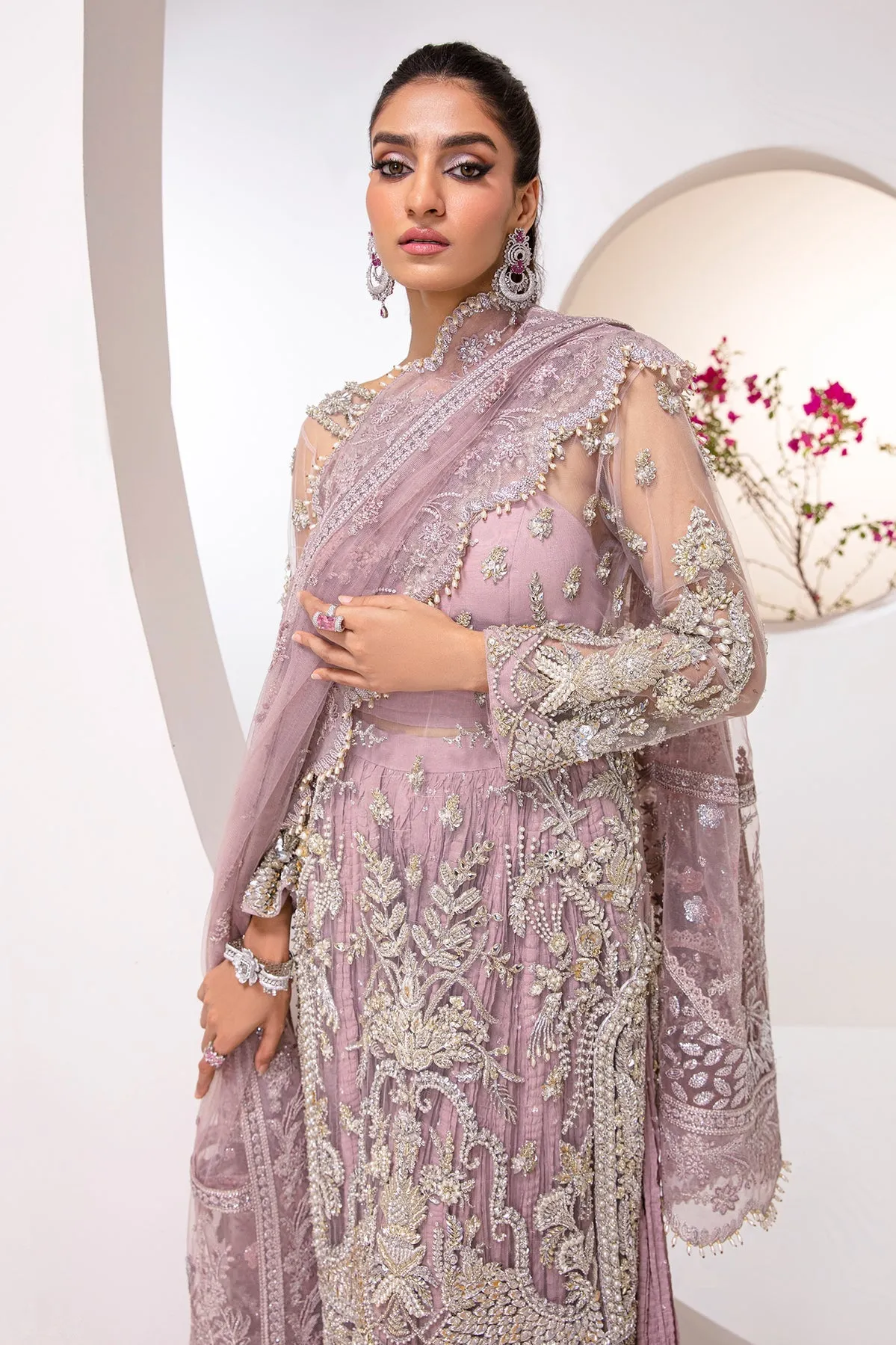 Lavender Kameez Pakistani Wedding Dress in Crushed Sharara Style
